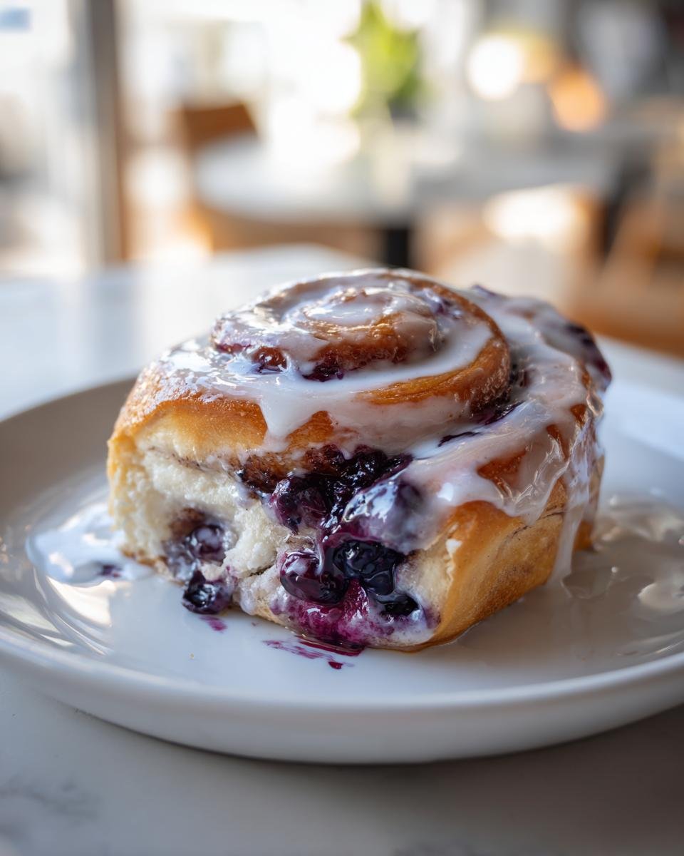 A single, gooey Blueberry Pie Cinnamon Roll topped with white glaze, sitting on a white plate.