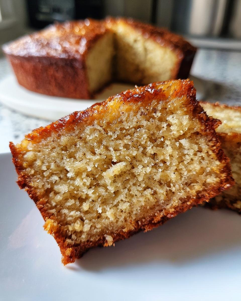Close-up of a moist slice of Brown Butter Bourbon Banana Cake with a golden-brown crust.