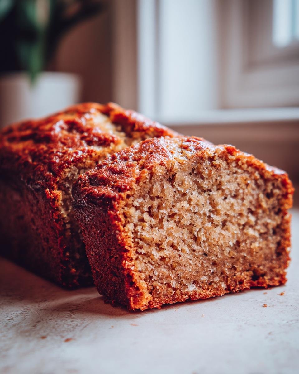 A close-up of a slice of moist Brown Butter Bourbon Banana Cake, revealing its tender crumb.