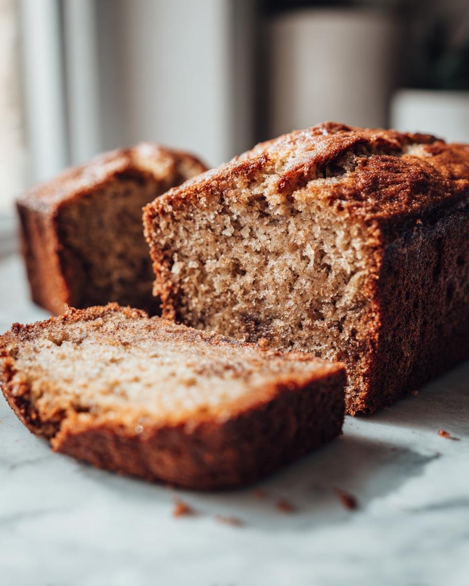A close-up of a slice of moist Brown Butter Bourbon Banana Cake, with another loaf in the background.