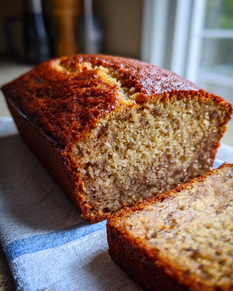 A close-up of a slice of moist Brown Butter Bourbon Banana Cake, showing its tender crumb and golden-brown crust.
