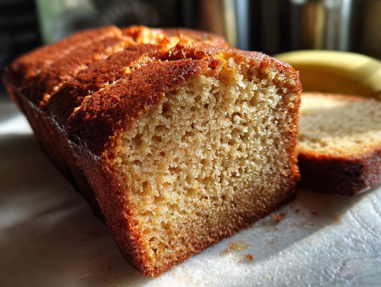 A close-up of a moist Brown Butter Bourbon Banana Cake slice, showing its tender crumb and golden-brown crust.