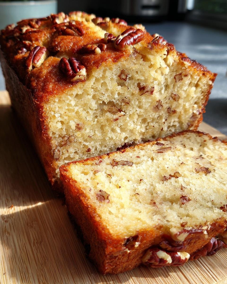 A close-up of a moist Brown Butter Pecan Pound Cake loaf, partially sliced, showing pecans throughout the crumb.