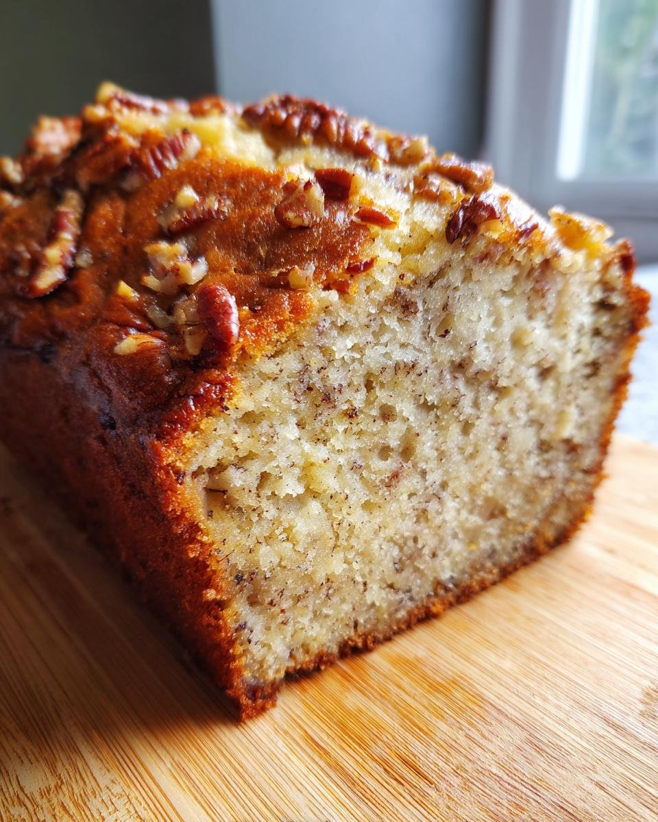 Close-up of a slice of moist Brown Butter Pecan Pound Cake showing the crumb texture and pecan topping.