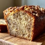 Close-up of a slice of Brown Butter Pecan Pound Cake showing moist crumb and pecan topping.