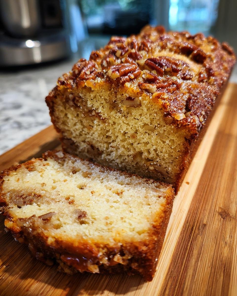 A loaf of Brown Butter Pecan Pound Cake, partially sliced, showing the moist crumb and pecan topping.