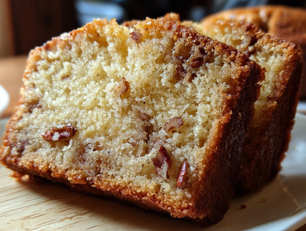 Two moist slices of Brown Butter Pecan Pound Cake showing rich texture and visible pecan pieces.