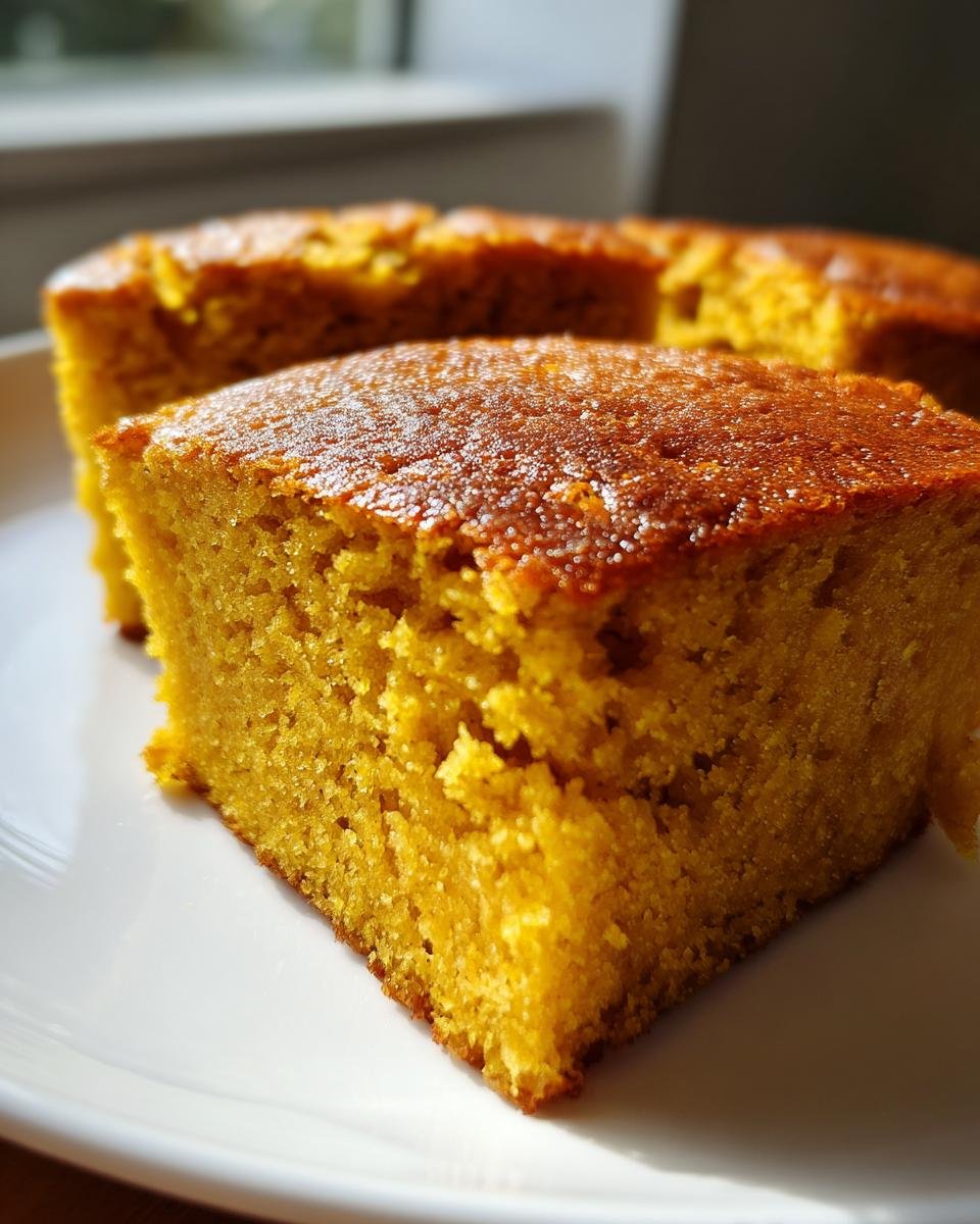 Close-up of a moist, golden slice of Brown Butter Pumpkin Cornbread served on a white plate.