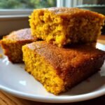 Three moist squares of bright orange Brown Butter Pumpkin Cornbread stacked on a white plate near a window.