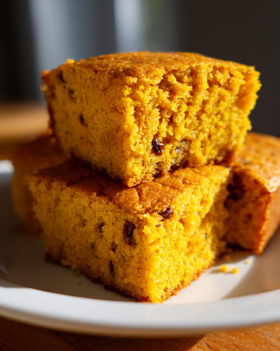 Close-up of stacked, moist squares of Brown Butter Pumpkin Cornbread with visible raisins.
