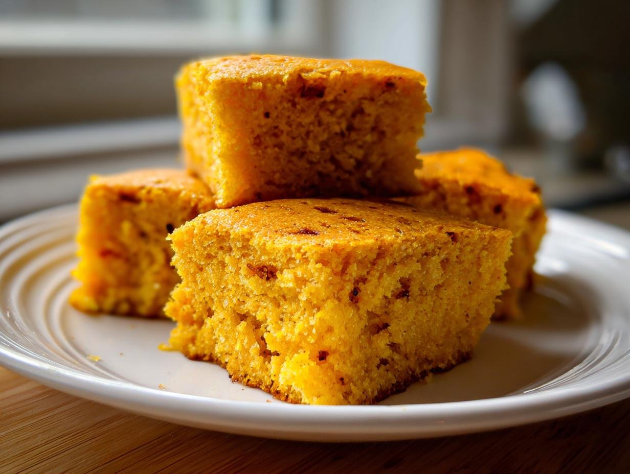 Four moist squares of Brown Butter Pumpkin Cornbread stacked loosely on a white plate.