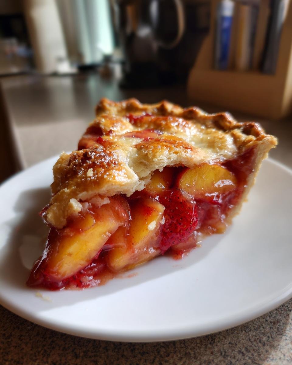 A slice of irresistible brown butter strawberry peach pie on a white plate, showcasing juicy fruit filling and flaky crust.