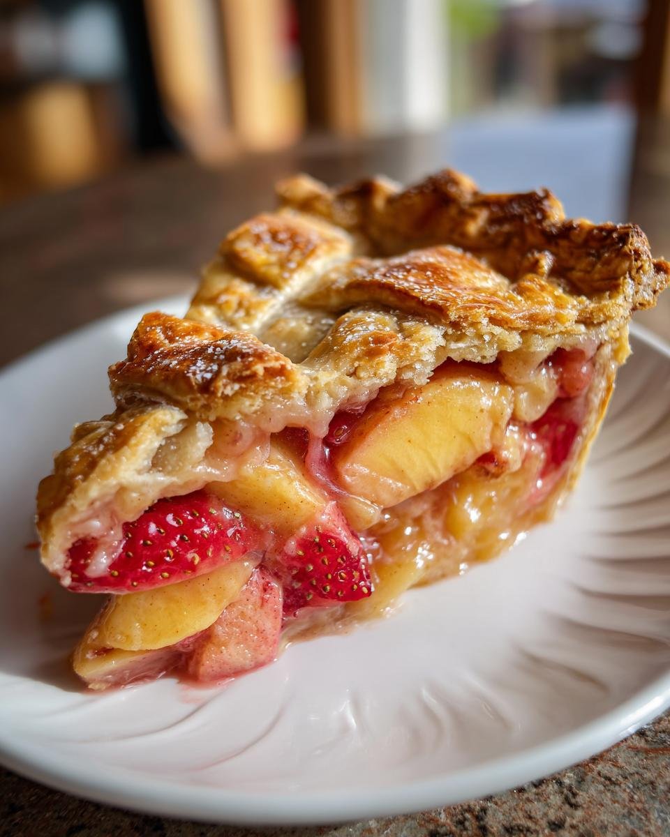 A slice of Irresistible Brown Butter Strawberry Peach Pie on a white plate, showing layers of fruit and flaky crust.