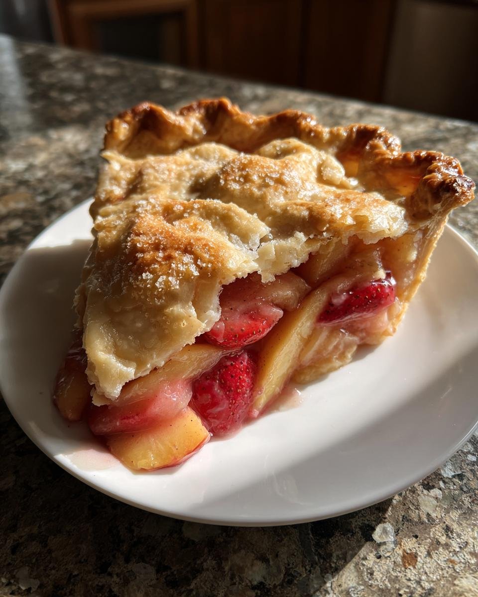 A close-up of a slice of Irresistible Brown Butter Strawberry Peach Pie, showcasing the flaky crust and juicy fruit filling.