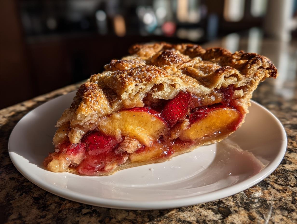 A slice of irresistible brown butter strawberry peach pie on a white plate, showcasing the flaky crust and juicy fruit filling.