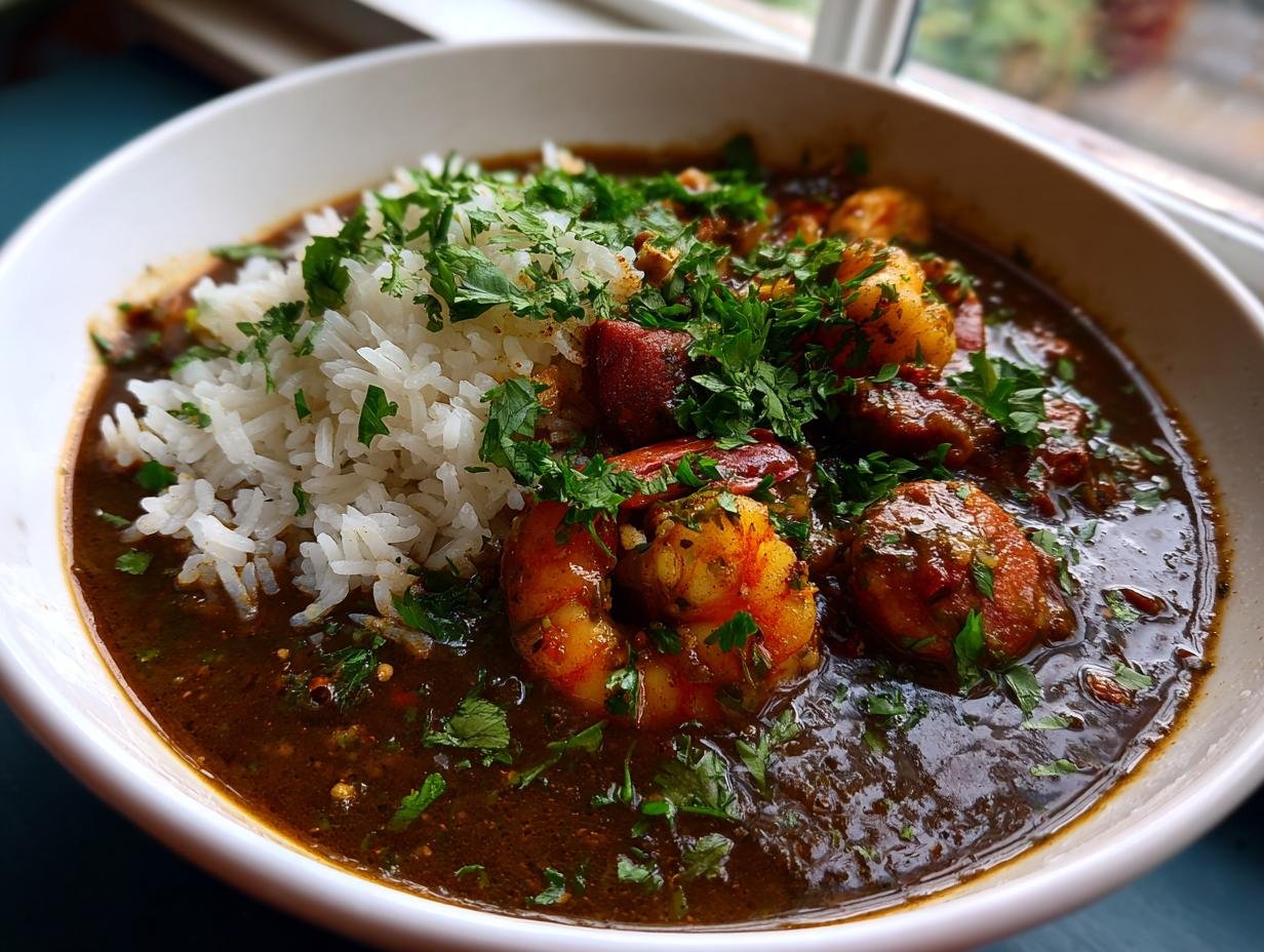 A close-up of a bowl of Cajun Seafood Gumbo, featuring rice, plump shrimp, and fresh parsley.