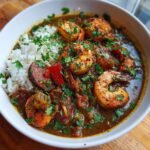 A close-up of a bowl of Cajun Seafood Gumbo, featuring plump shrimp, sausage, and rice, garnished with fresh parsley.