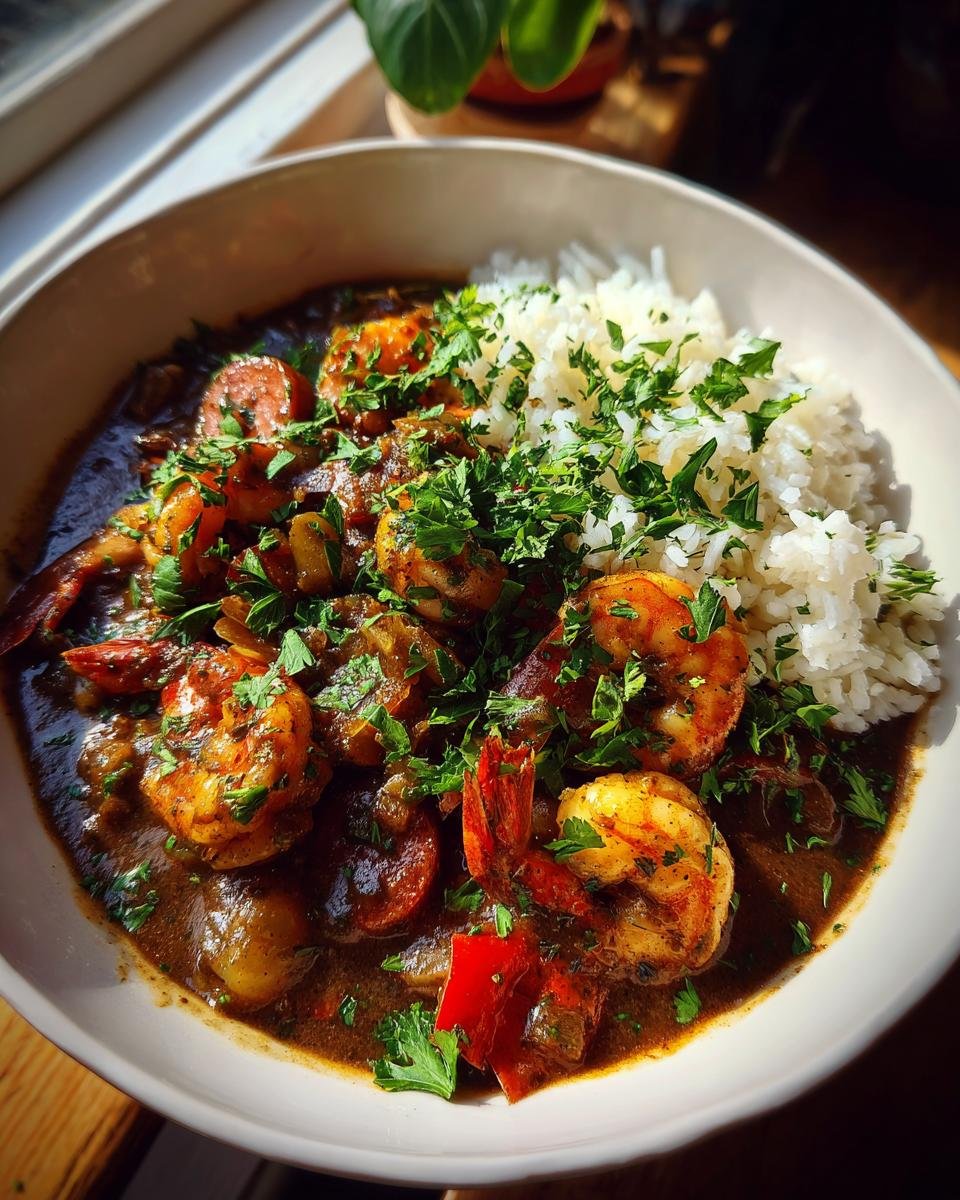 A close-up of a bowl of Cajun Seafood Gumbo featuring plump shrimp, sliced sausage, and rich dark roux, served with white rice and garnished with parsley.