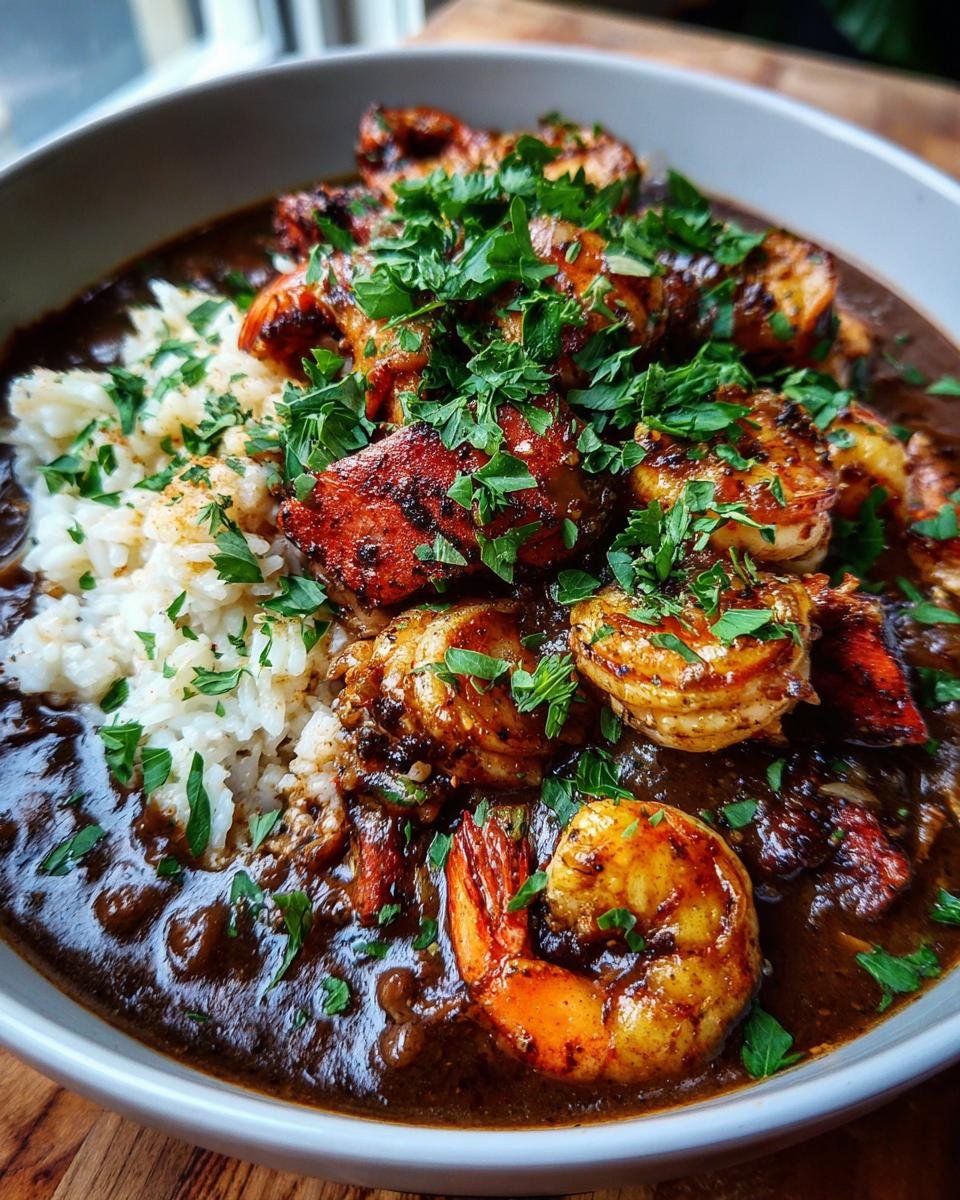 A bowl of rich Cajun Seafood Gumbo topped with plump shrimp, rice, and fresh parsley.