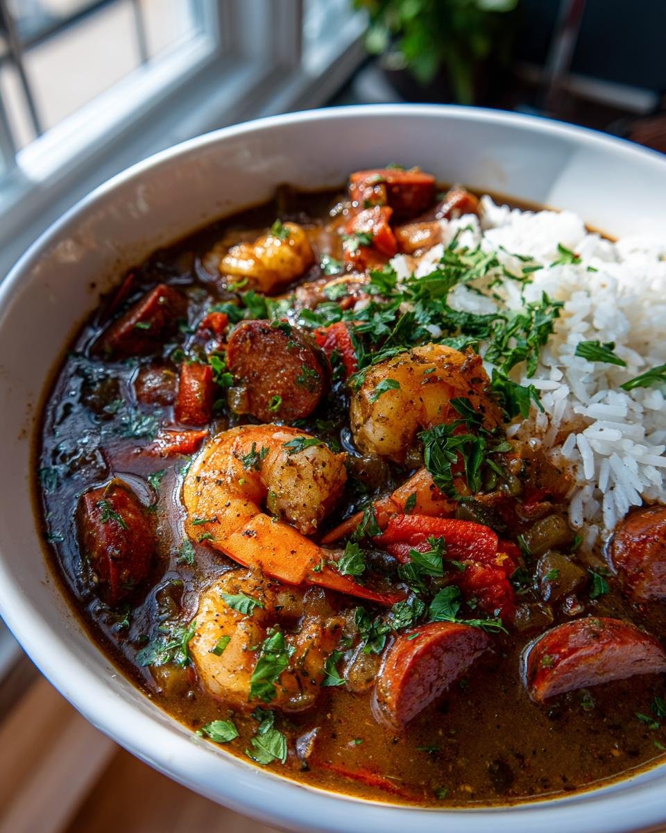 A close-up of a bowl of Cajun Seafood Gumbo, featuring plump shrimp, sliced sausage, and white rice, garnished with fresh parsley.