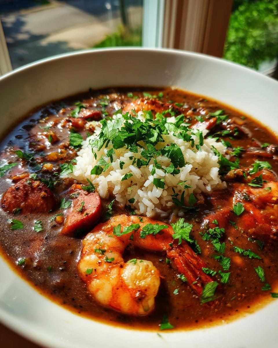 A close-up of a bowl of Cajun Seafood Gumbo, featuring plump shrimp, sliced sausage, and fluffy white rice, garnished with fresh parsley.