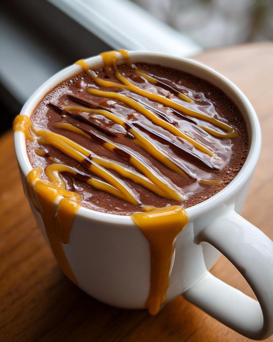 Close-up of rich hot cocoa topped with alternating drizzles of caramel and chocolate sauce, featuring thick caramel dripping down the side of the white mug. Perfect Caramel Drizzle Hot Cocoa.
