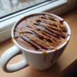 A white mug filled with rich hot cocoa topped with alternating drizzles of chocolate syrup and caramel, creating a Caramel Drizzle Hot Cocoa.