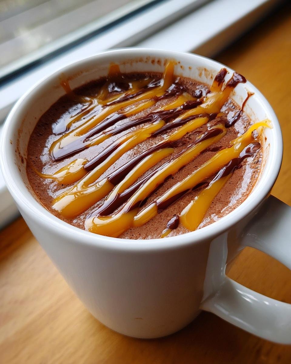 A rich, frothy mug of Caramel Drizzle Hot Cocoa topped with alternating stripes of caramel and chocolate sauce.