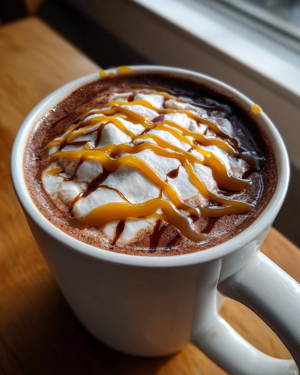 Close-up of a mug filled with rich hot cocoa, topped with whipped cream and a generous Caramel Drizzle Hot Cocoa topping.