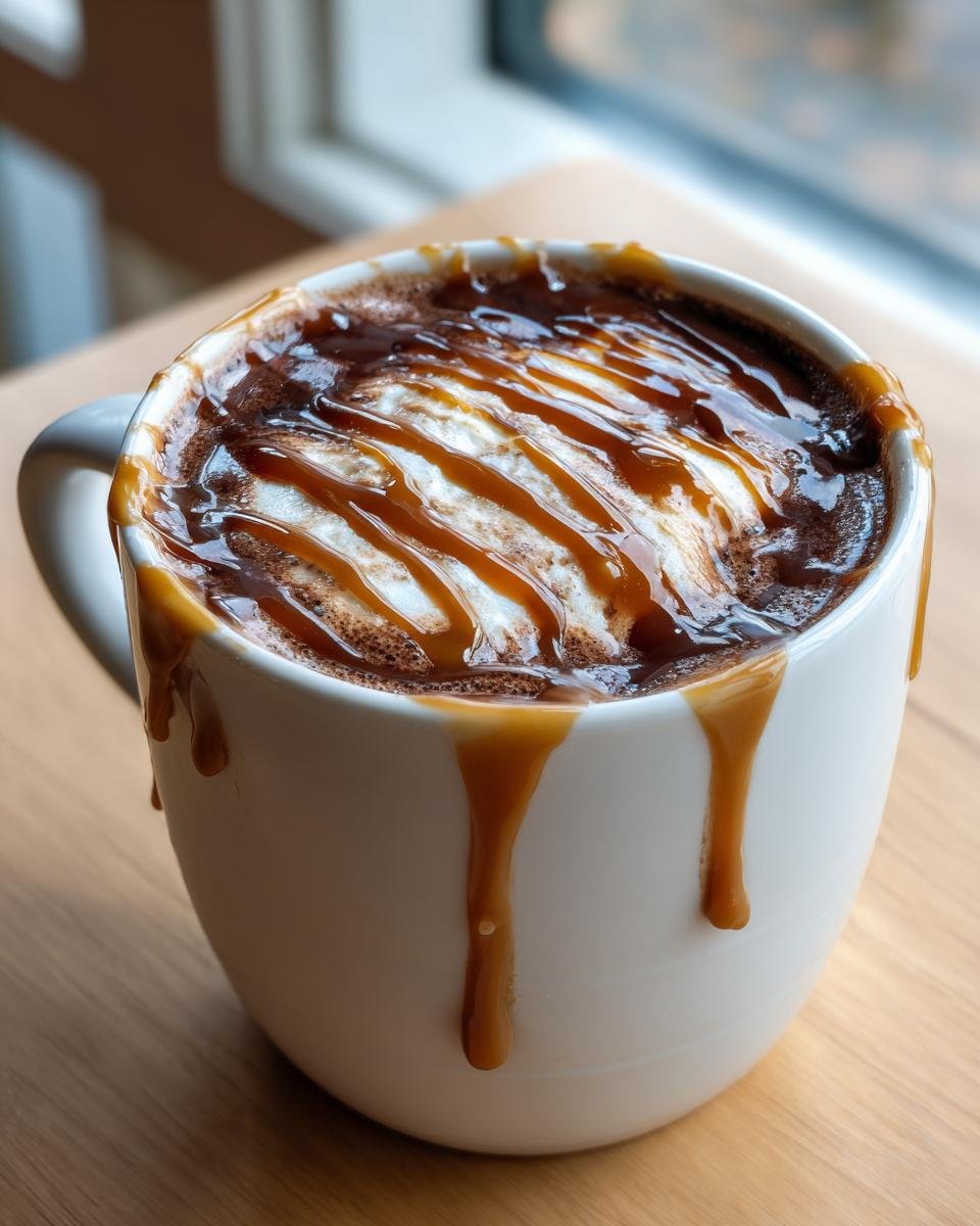 Close-up of a rich Caramel Drizzle Hot Cocoa topped with whipped cream and dripping caramel sauce.