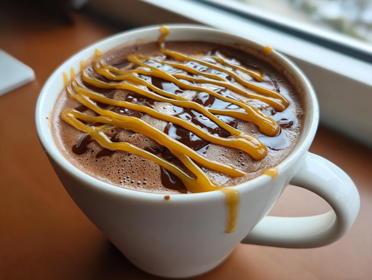 Close-up of a rich, frothy hot cocoa topped with thick, bright caramel drizzle, ready to enjoy.