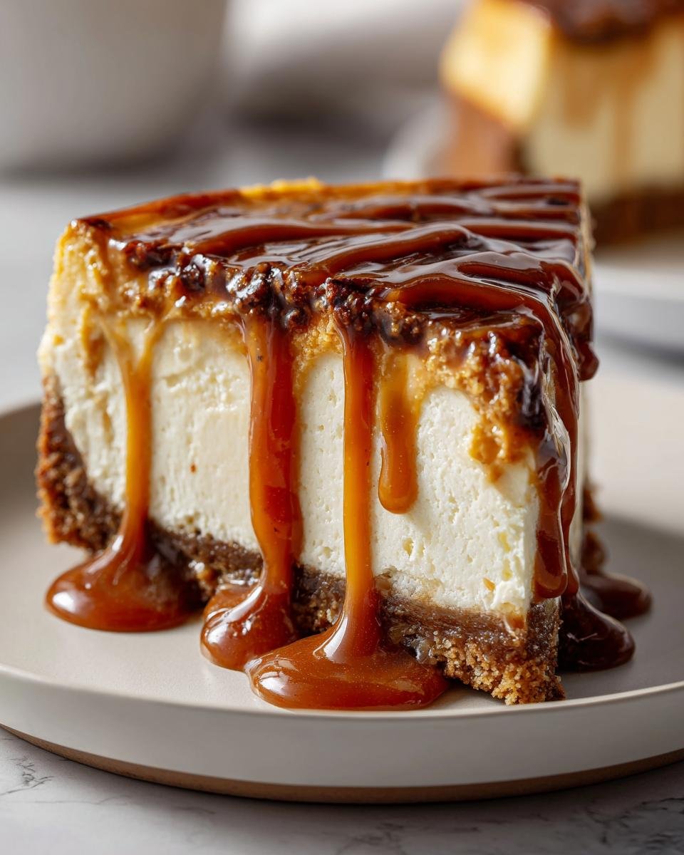 A close-up of a thick slice of Caramel Pumpkin Spice Cheesecake topped with rich, dripping caramel sauce.
