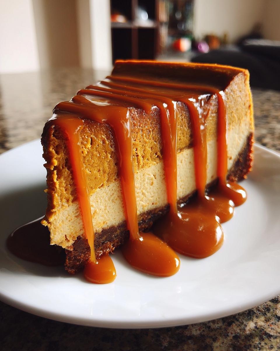 A decadent slice of Caramel Pumpkin Spice Cheesecake with two layers, generously topped with thick caramel sauce drips.