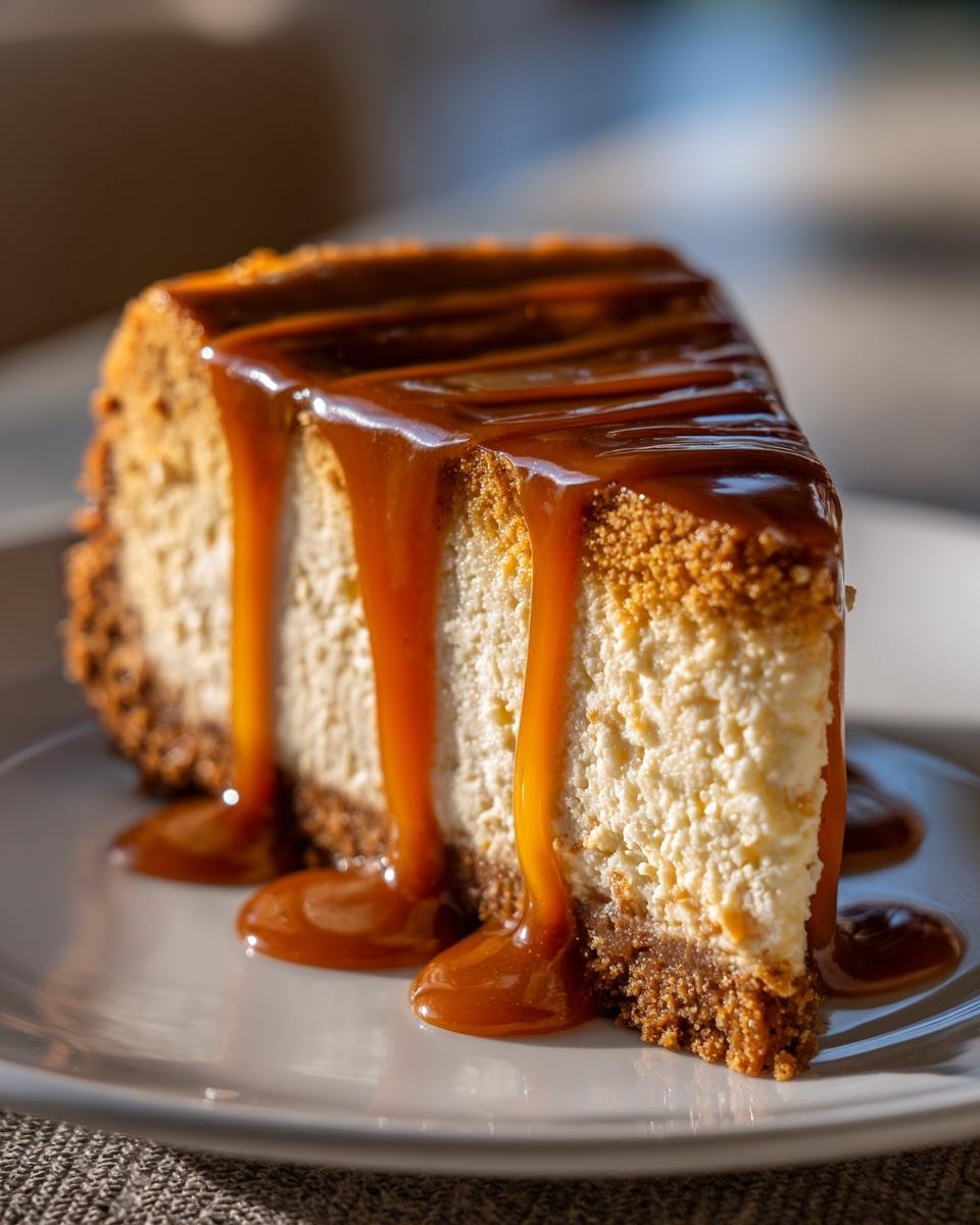 A close-up of a slice of Caramel Pumpkin Spice Cheesecake topped with thick, dripping caramel sauce.