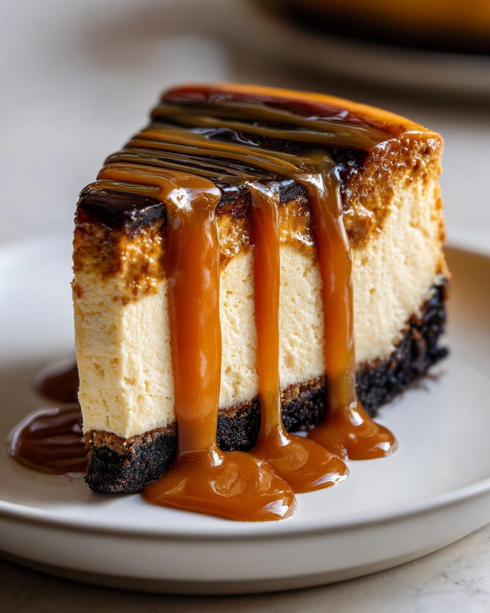 A decadent slice of Caramel Pumpkin Spice Cheesecake with thick caramel sauce dripping down the sides onto a white plate.