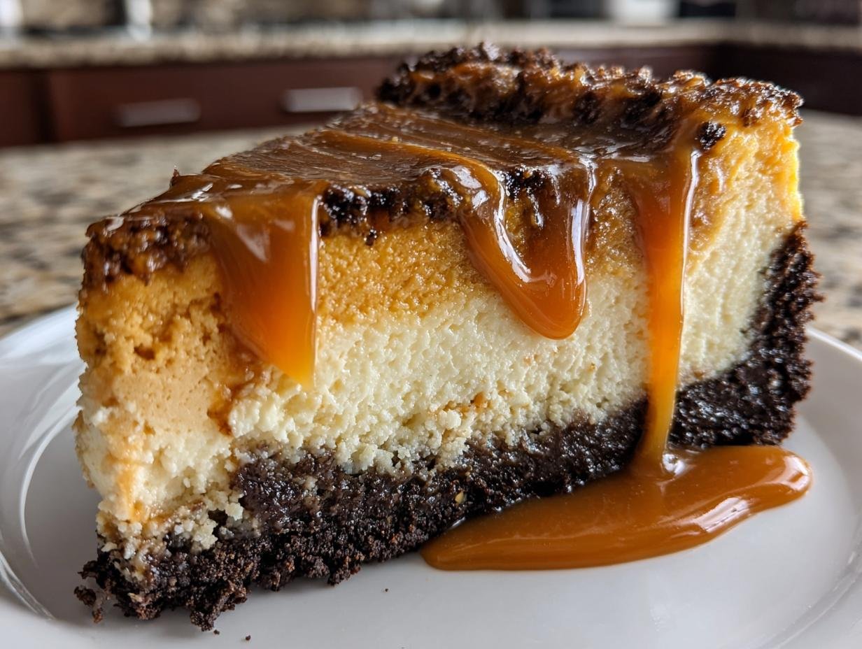 A decadent slice of Caramel Pumpkin Spice Cheesecake with a thick layer of caramel sauce dripping down the side.