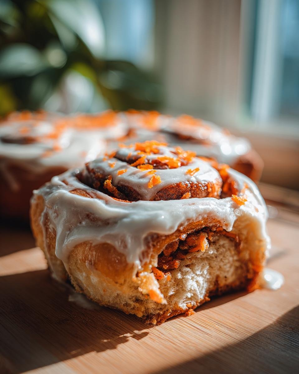 A close-up of a soft, freshly baked Carrot Cake Cinnamon Roll drizzled with cream cheese icing and topped with orange zest.