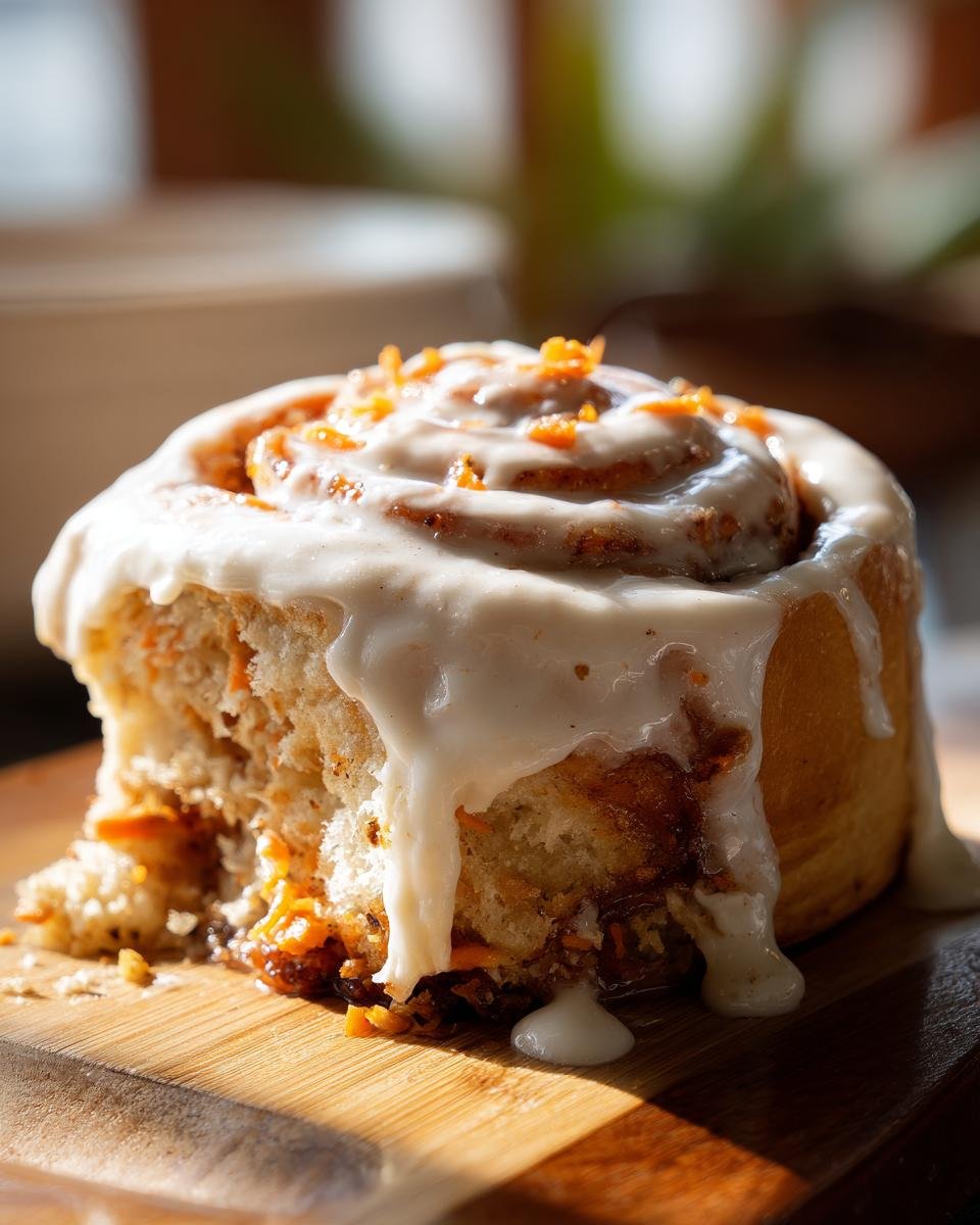 A close-up, cross-section view of a single Carrot Cake Cinnamon Rolls covered in thick cream cheese icing.