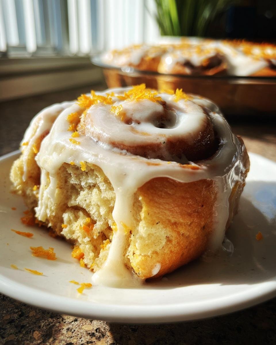 A close-up of one soft Carrot Cake Cinnamon Rolls, generously topped with white cream cheese glaze and orange zest.