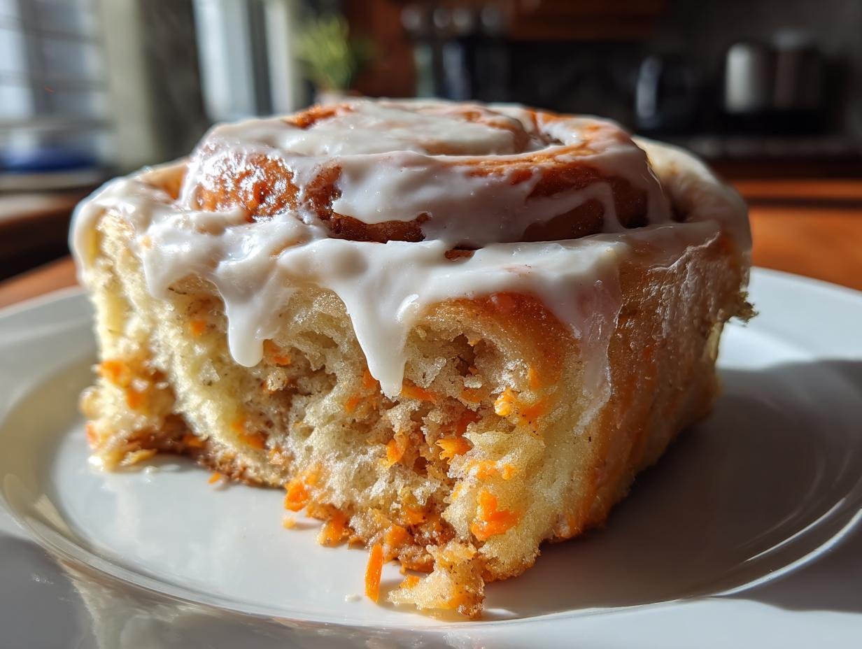 A close-up of a single, soft Carrot Cake Cinnamon Rolls topped with thick, dripping cream cheese icing.