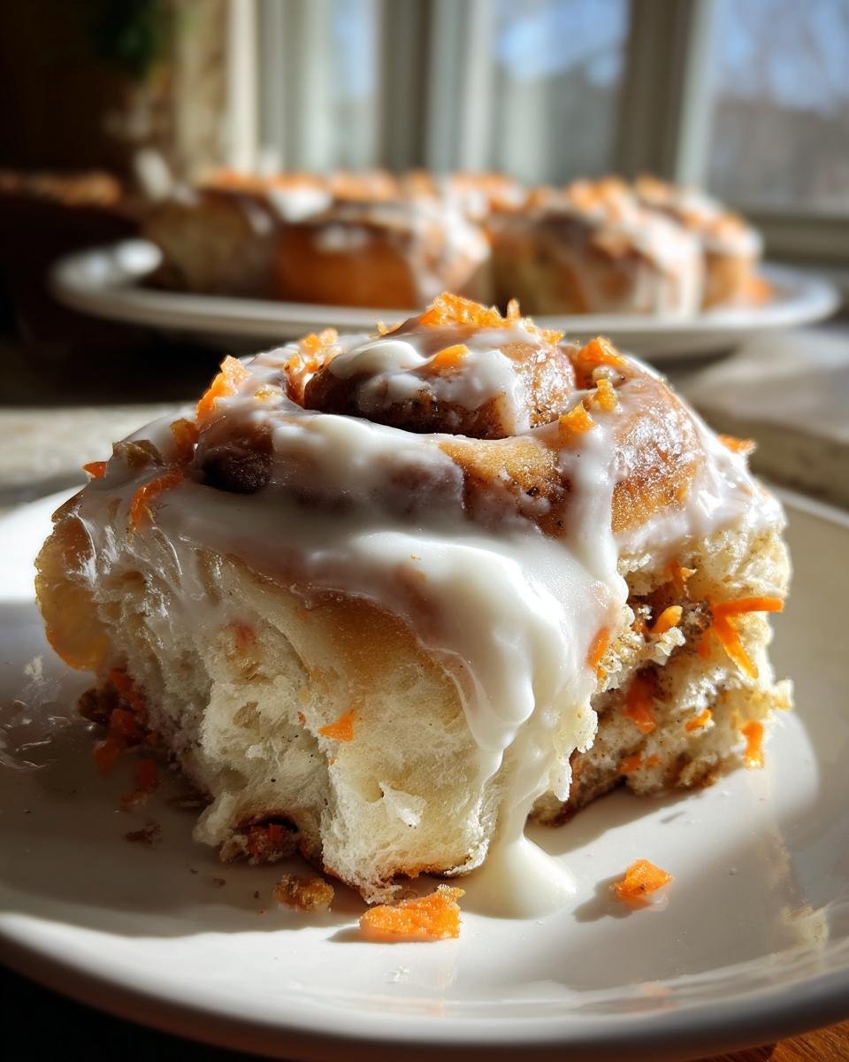 A close-up of a soft, fluffy Carrot Cake Cinnamon Roll drizzled with white icing and topped with shredded carrots.