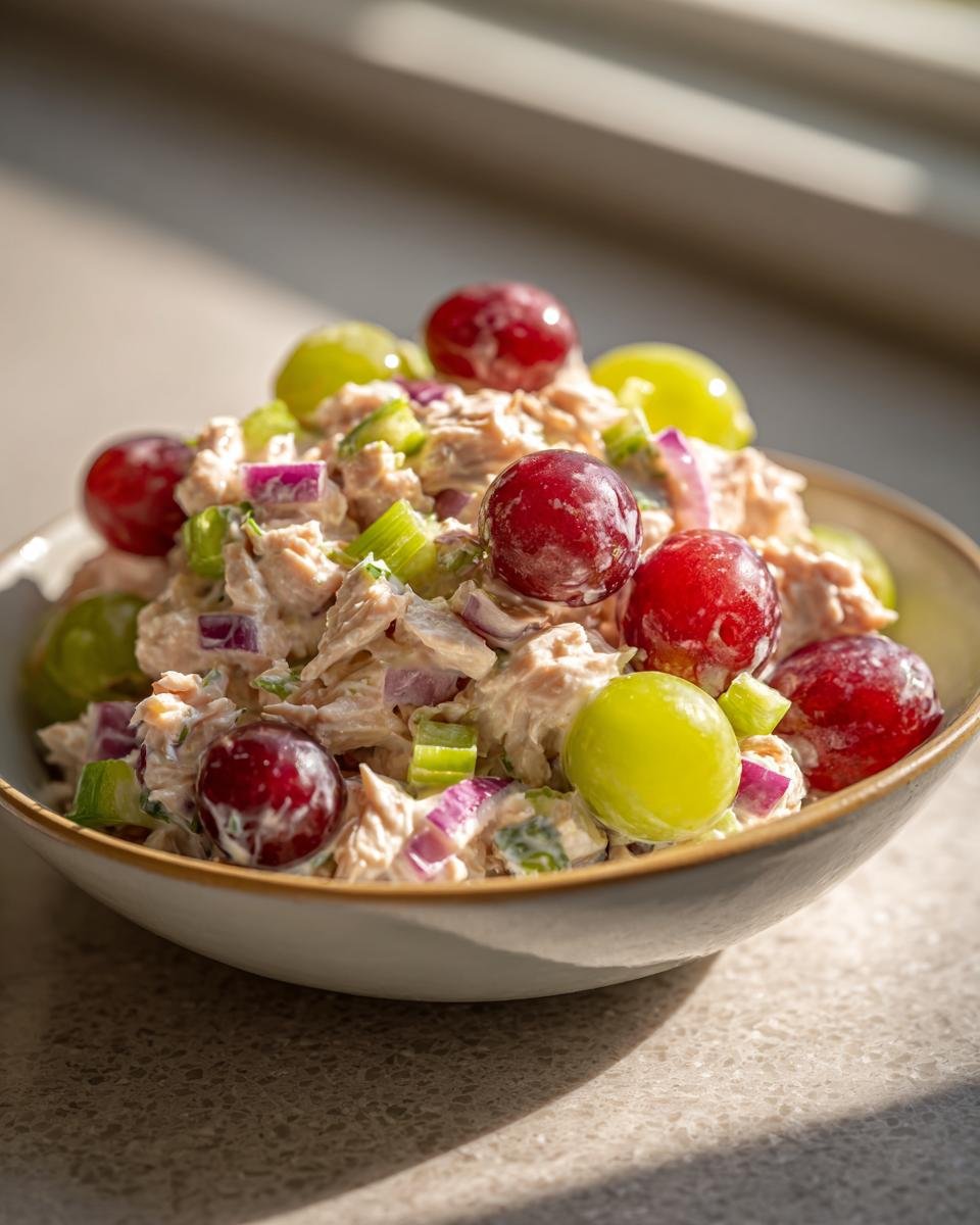 Close-up of a bowl filled with Delicious Chicken Salad Chick Grape Salad, featuring chicken, grapes, celery, and red onion.