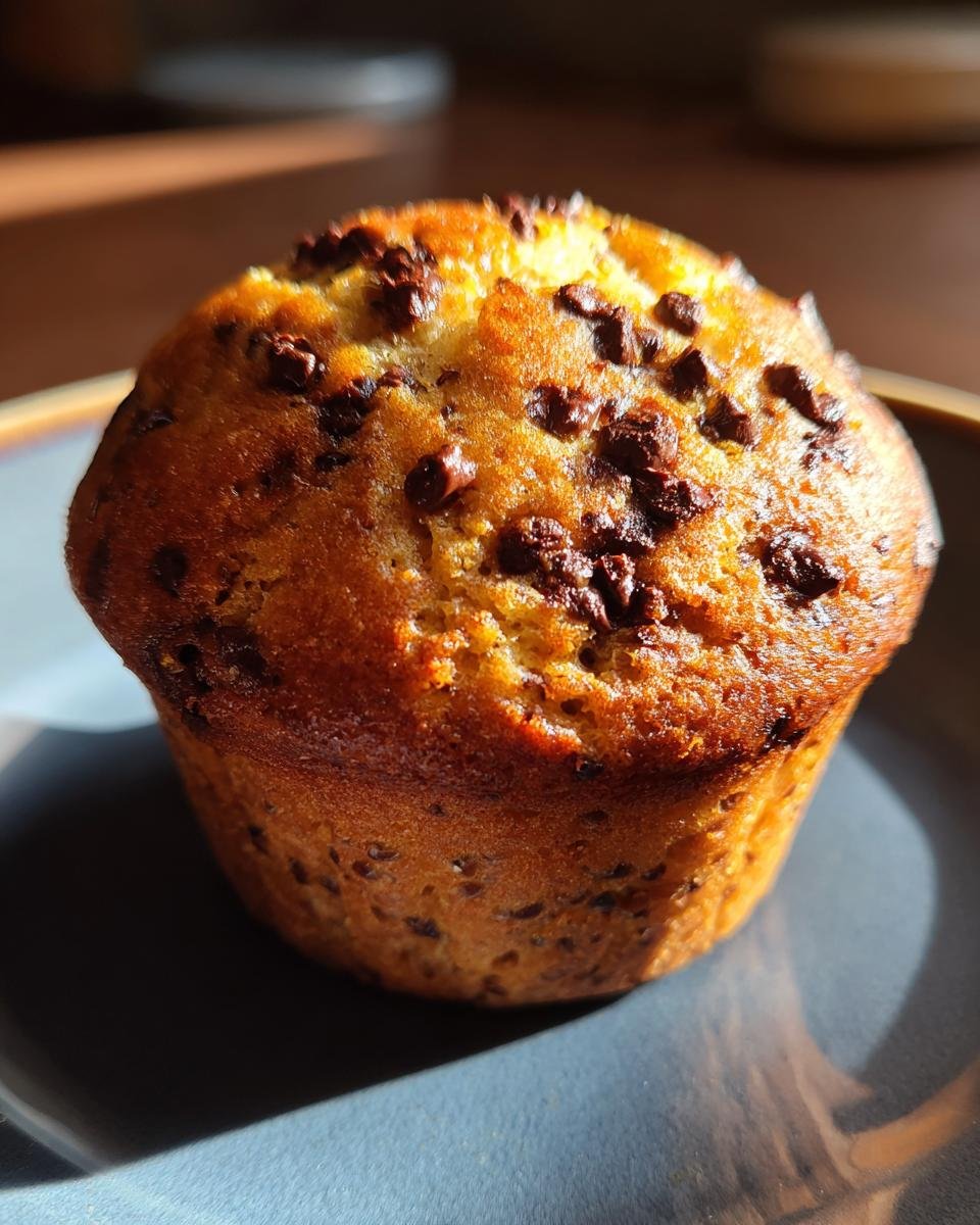 A close-up of a golden-brown Chocolate Chip Chia Seed Energy Muffin with visible chocolate chips on top.