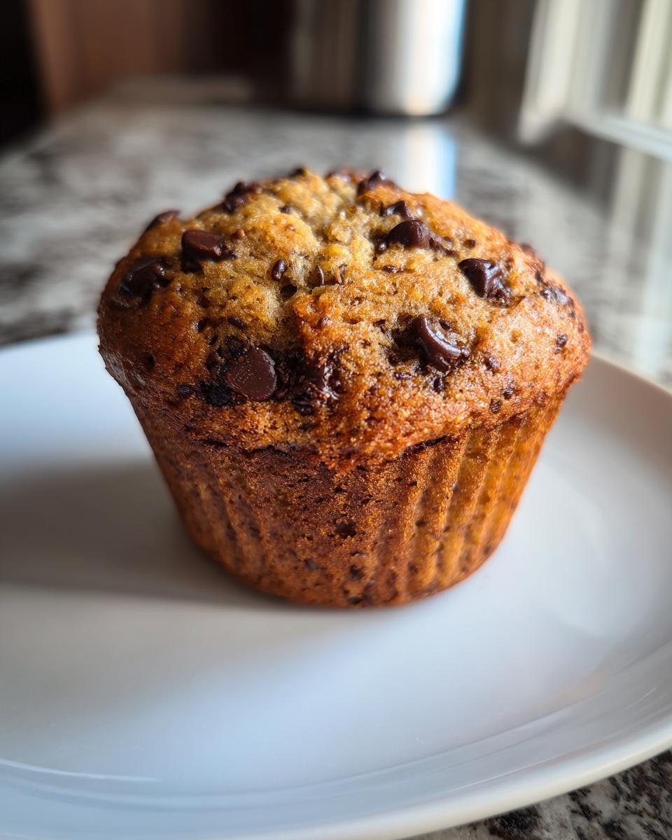 A single Chocolate Chip Chia Seed Energy Muffin on a white plate, showing its golden-brown crust and chocolate chips.
