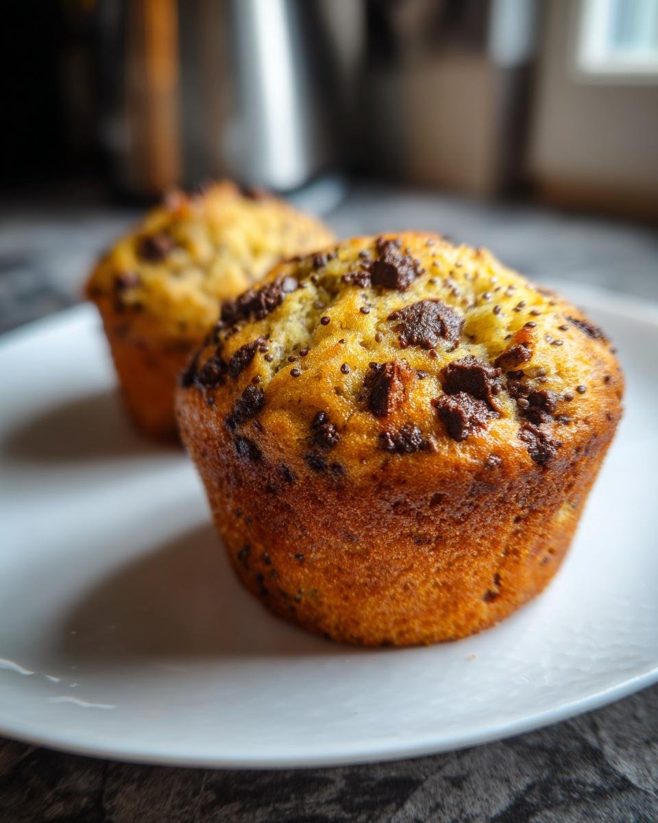 Close-up of two delicious Chocolate Chip Chia Seed Energy Muffins on a white plate, showcasing chocolate chips and chia seeds.