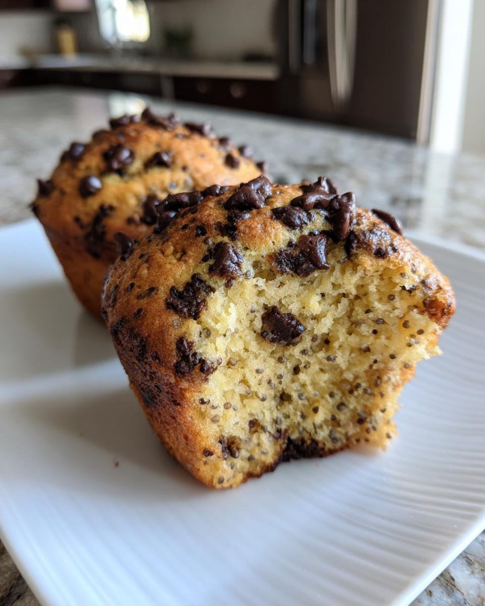 Close-up of a Chocolate Chip Chia Seed Energy Muffin with a bite taken out, showing the texture and chia seeds.