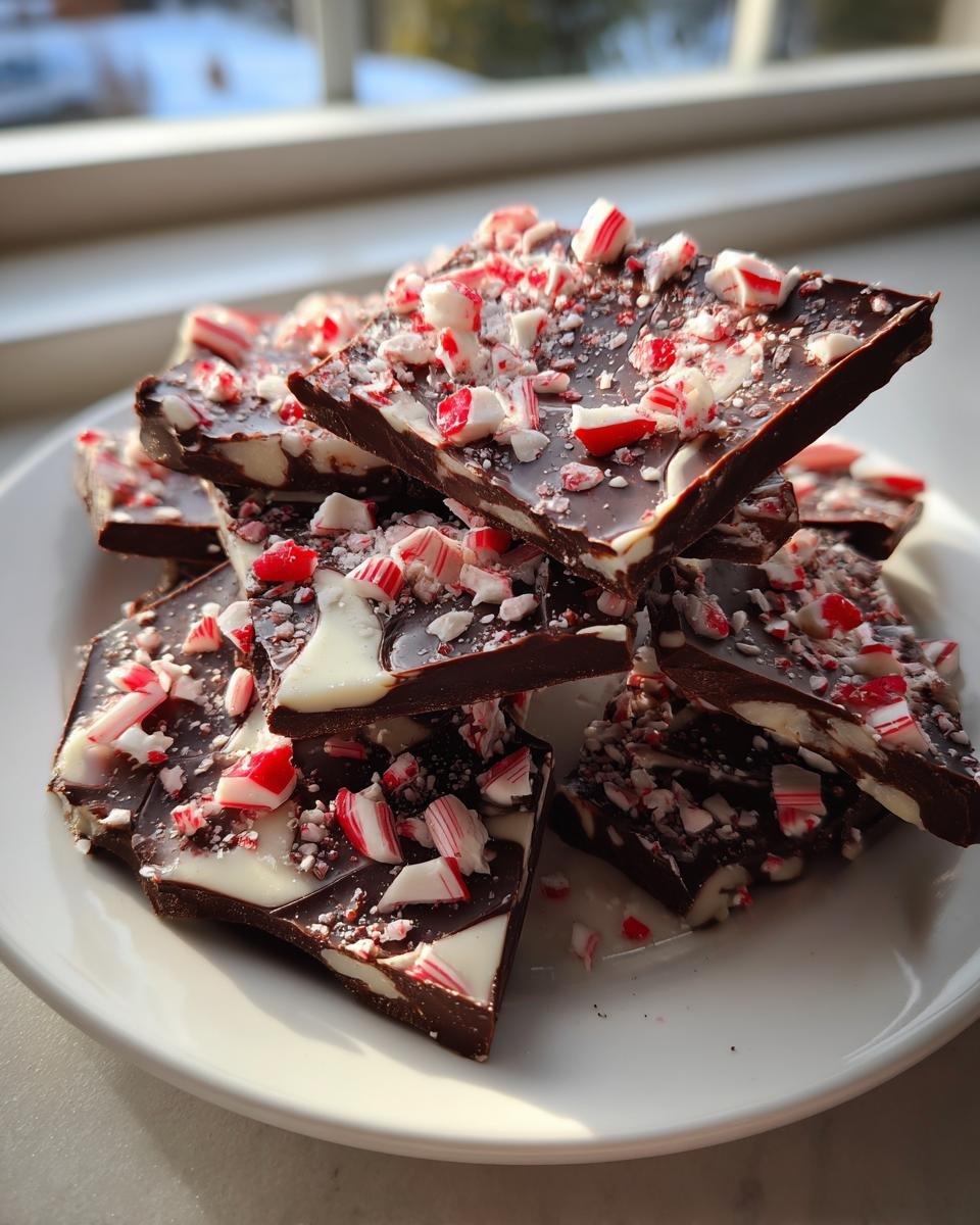A stack of broken pieces of Chocolate Peppermint Bark topped with crushed candy canes on a white plate.