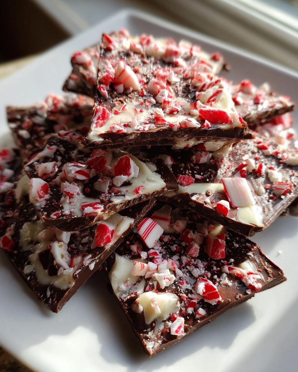 A stack of dark and white Chocolate Peppermint Bark pieces topped generously with crushed red and white candy canes.