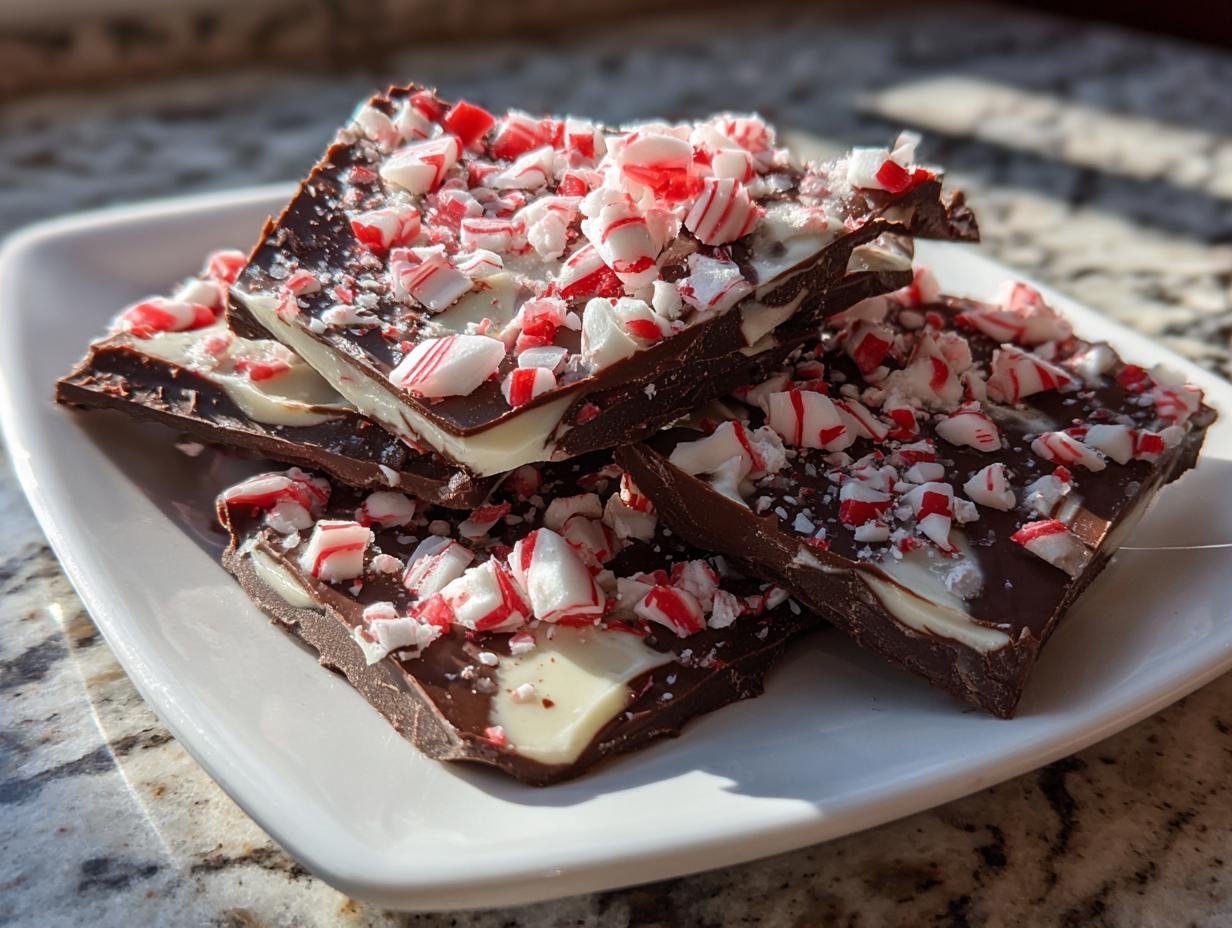 Close-up of stacked squares of rich Chocolate Peppermint Bark topped with crushed red and white candy canes.