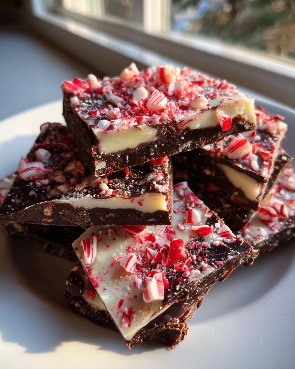 A stack of rich Chocolate Peppermint Bark squares topped with crushed candy canes, set near a window.
